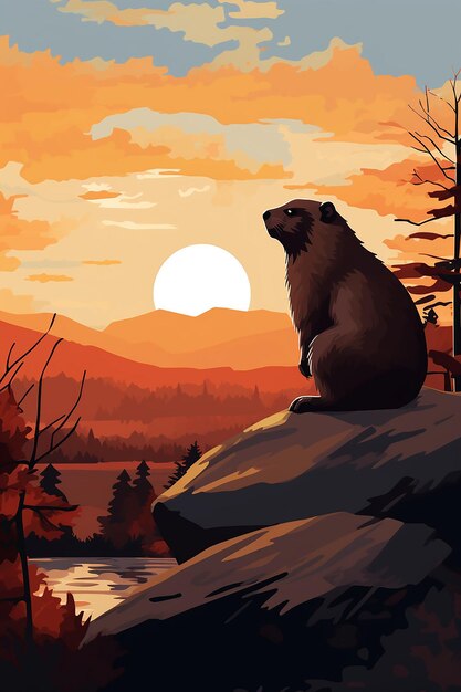 a stylized Groundhog Day landscape showing the moment of sunrise with a silhouette of a groundhog