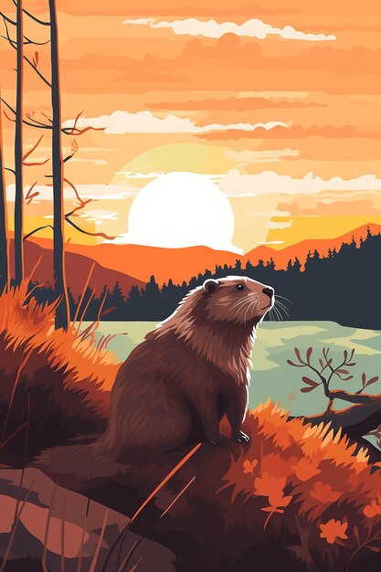 a stylized Groundhog Day landscape showing the moment of sunrise with a silhouette of a groundhog