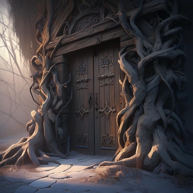 Стилизованная дверь на дереве с привидениями