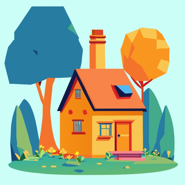 stylized house with a chimney tree grass vector illustration