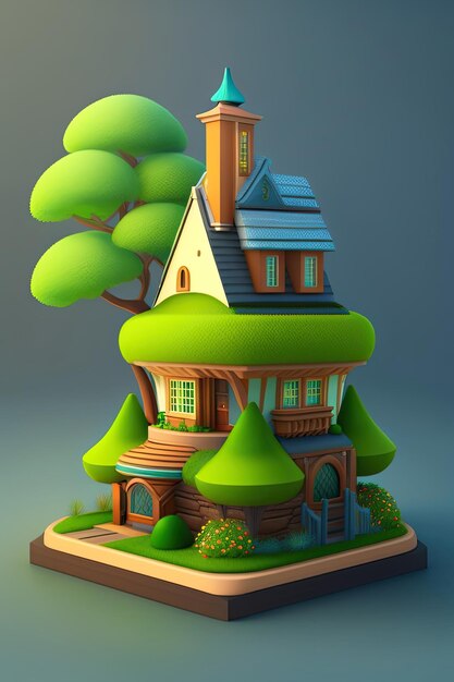 Стилизованный дом с зеленой крышей