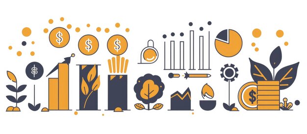 Photo stylized icons and graphs communicating the concept of saving visualizing financial growth and stability