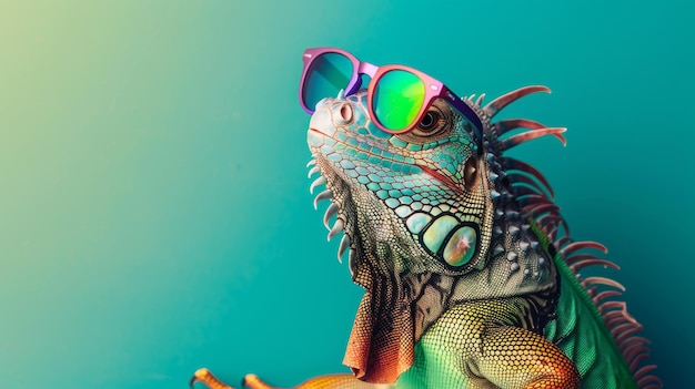 Stylized iguana wearing rainbow sunglasses vibrant teal backdrop