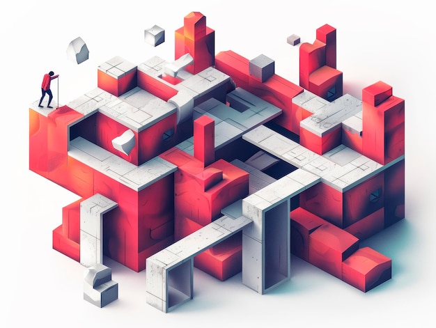 Photo a stylized illustration of a complex labyrinth with a person standing on top predominantly red and white with a concept of challenge generative ai