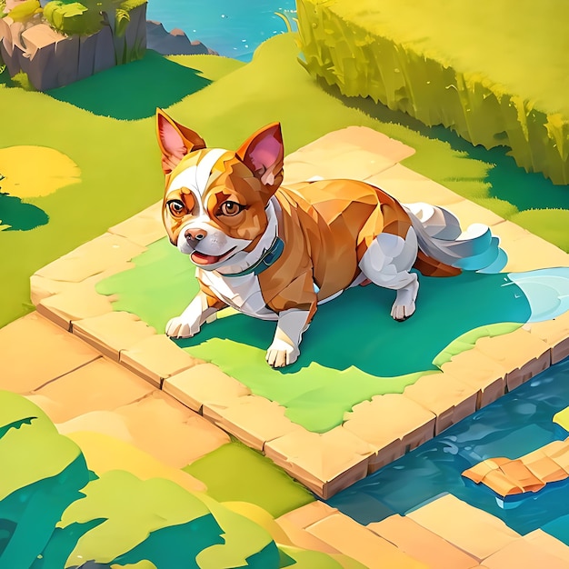 A stylized illustration of a content pup enjoying a sunny day