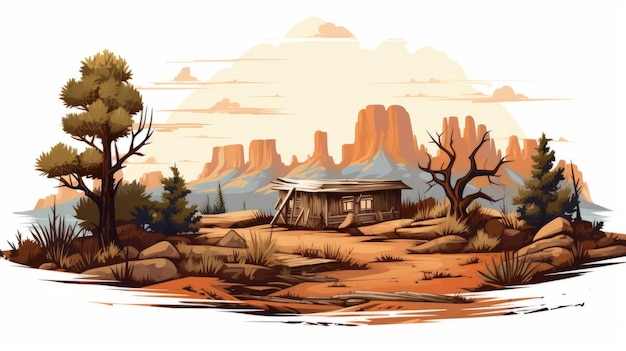 Stylized Illustration Of Desert Shack With Cowboy Imagery