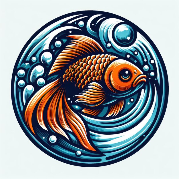 A stylized illustration of a goldfish swimming within a circular waterlike environment