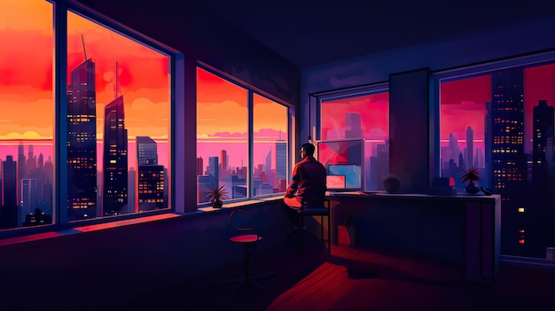 Photo stylized illustration of a man watching city dawn through window