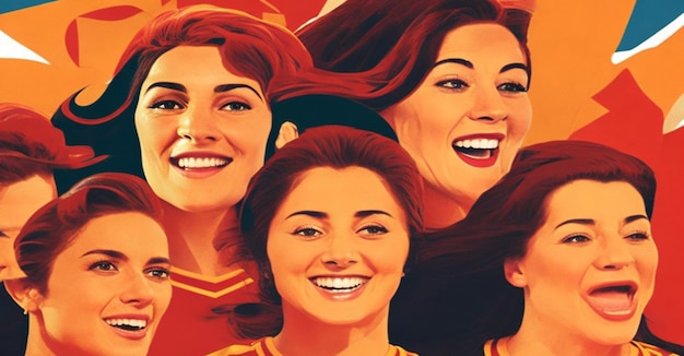 A stylized illustration of the Spanish women's football team their faces filled with pride and joy