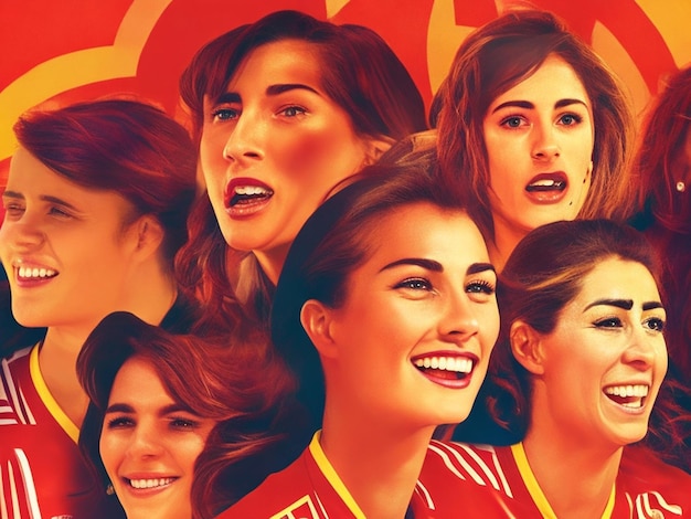 Стилизованная иллюстрация женской футбольной команды Испании с лицами, наполненными гордостью и радостью.
