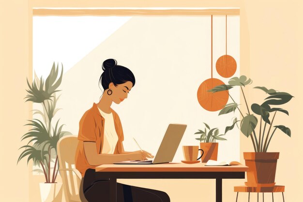 stylized image of a young beautiful woman with a laptop and vegan food