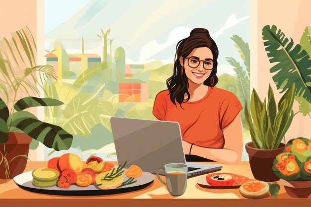 stylized image of a young woman with a laptop at a table with vegan food