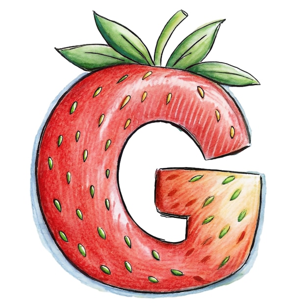 A stylized letter g is depicted with the texture and color of a strawberry complete with seeds