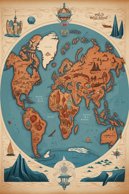 A stylized map of the world featuring a unique blend of traditional and modern elements