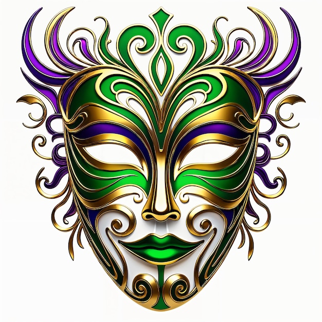 Photo a stylized mask with intricate designs and patterns predominantly in shades of green purple and gold