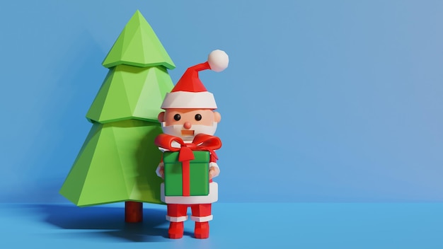 様式化されたメリー クリスマス 3 d イラスト。クリスマス ツリーの近くのギフト ボックスとサンタ クロース。