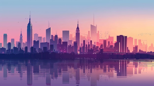 Stylized NY city skyline with reflection during sunset