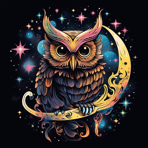 A stylized owl perched on a crescent moon