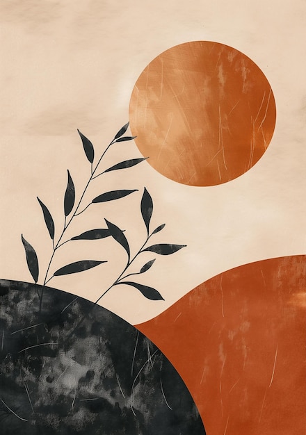 Stylized plant silhouette against an orange sun backdrop wall art printable