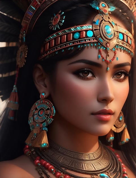 A stylized portrait of an Aztec goddess