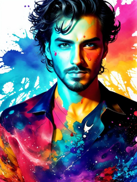 Stylized portrait of a beautiful white man with paint splashes colorful paints smudges spatter