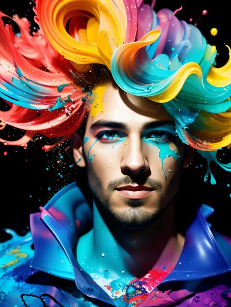 Stylized portrait of a beautiful white man with paint splashes colorful paints smudges spatter