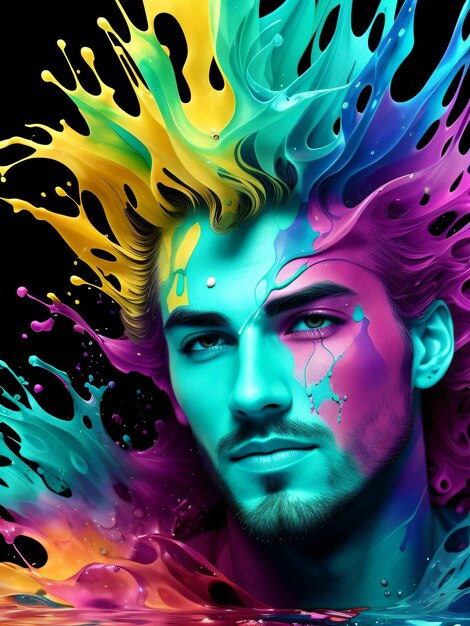 Stylized portrait of a beautiful white man with paint splashes colorful paints smudges spatter