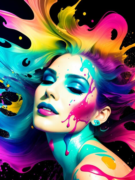 Stylized portrait of a beautiful white woman with paint splashes colorful paints smudges spatter