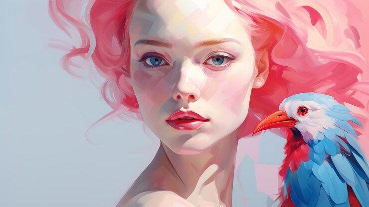 Photo stylized realism captivating artwork of a woman with pink hair and a parrot