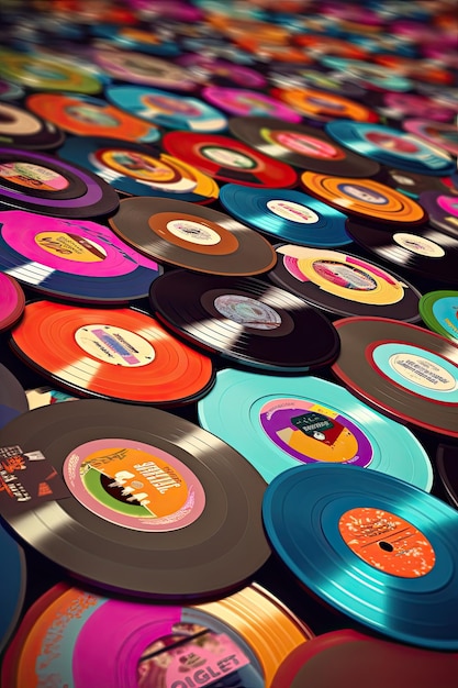 Stylized shot of vinyl records with colorful labels