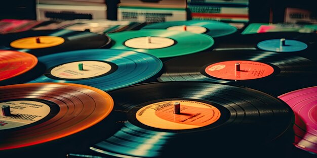 Stylized shot of vinyl records with colorful labels