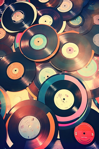 Stylized shot of vinyl records with colorful labels