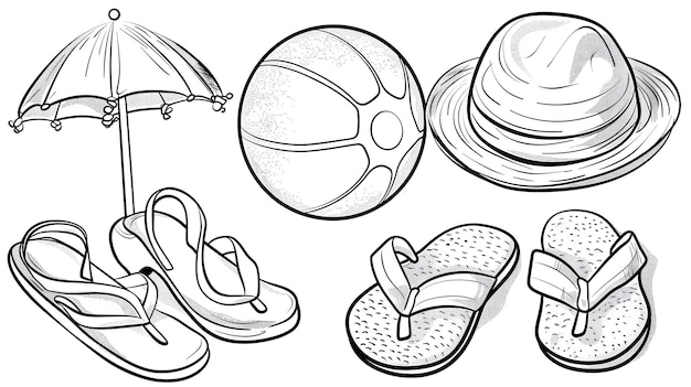 Photo stylized sketches of summer accessories and beach gear on white background