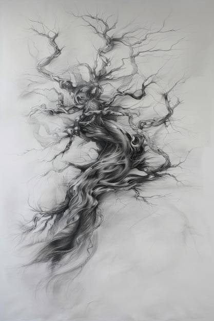 A stylized tree drawn in black pencil on a white background