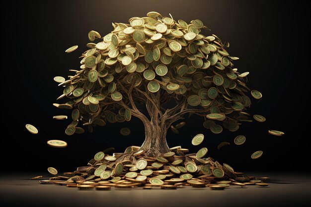 잎으로 통화 기호를 가진 스타일화 된 나무는 시간이 지남에 따라 축적되는 재정적 성장과 부의 아이디어를 전달합니다.