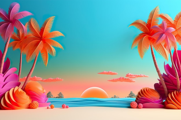 Stylized tropical beach at sunset with vibrant orange palm trees teal ocean and colorful flora under a gradient sky vacation holiday background empty copy space for text generative ai