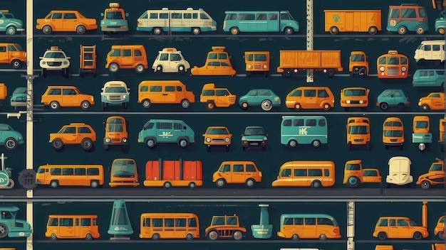 Stylized vector illustration of various colorful vehicles