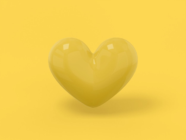 Stylized yellow mono color heart on a yellow solid background. Minimalistic design object. 3d rendering ui ux interface element icon.