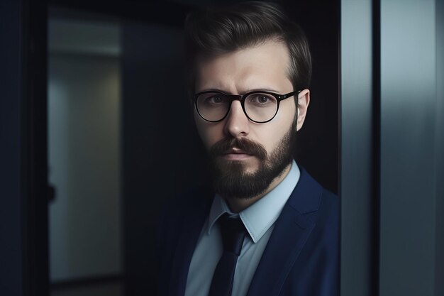 眼鏡をかぶった優雅なビジネスマンがオフィスのドアに立っている
