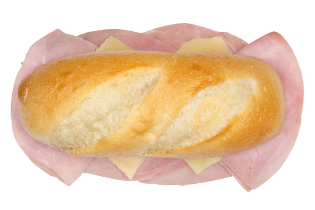 Foto sub sandwich con prosciutto e formaggio dall'alto isolato su bianco