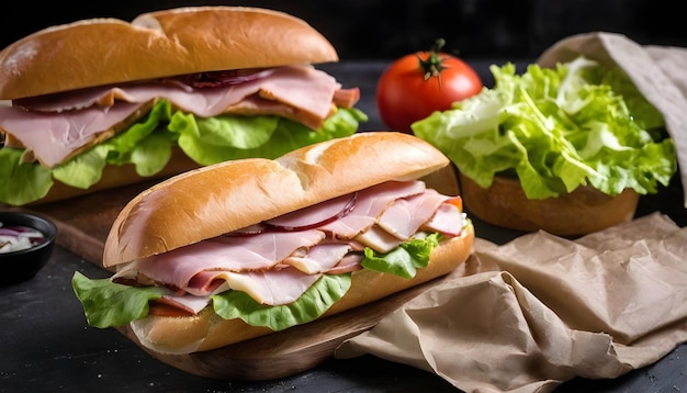 Photo sub sandwich with ham cheese tomato and lettuce