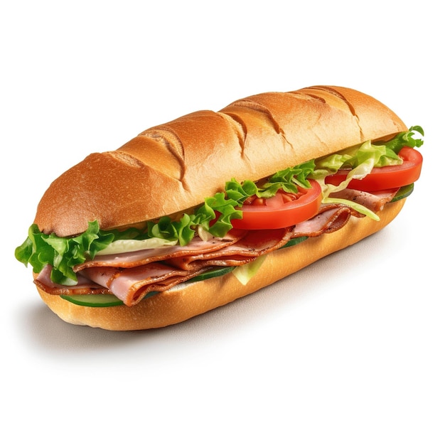 A sub sandwich with ham, lettuce, and tomato on it.