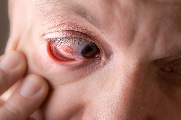 Photo subconjunctival hemorrhage - hyposphagma close up of mans face showing red bloodshot eye