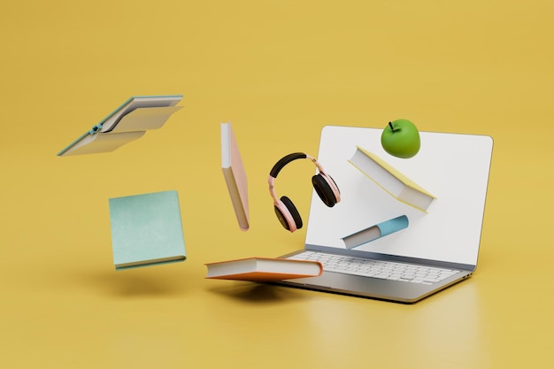 黄色の背景の 3 d のレンダリングにペン ラップトップ ヘッドフォン アップルのオンライン学習の科目