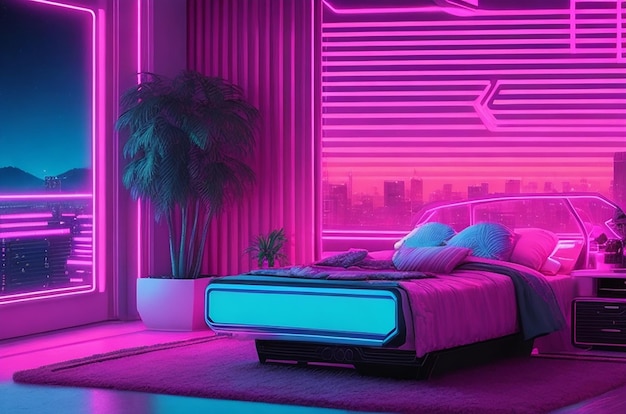 The sublime synthwave futuristic bedroom with 80s retro futurism