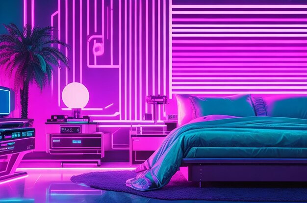 The sublime synthwave futuristic bedroom with 80s retro futurism