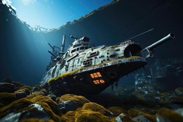 Submarine explores the ocean bottom revealing impressive underwater landscapes generative IA