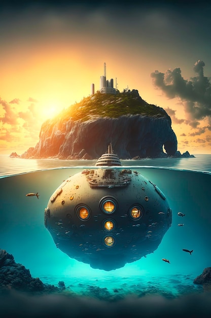 Submarine floating on top of a body of water submarine submerging into the ocean depths above the water an island and sunset in the background