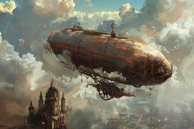 a submarine in the sky with a city in the background