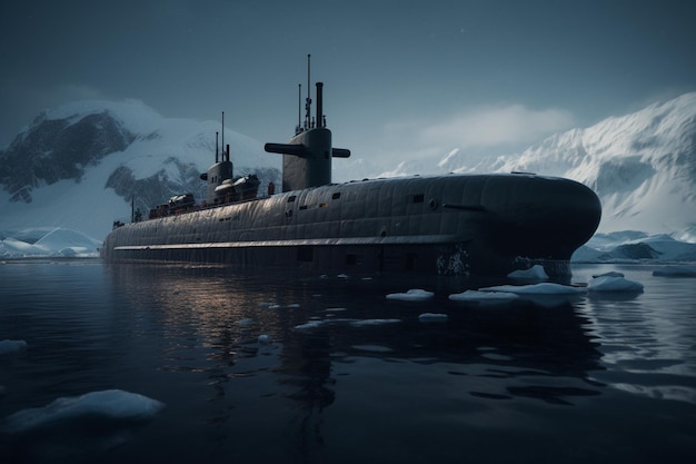 A submarine in the water with snow on the bottom